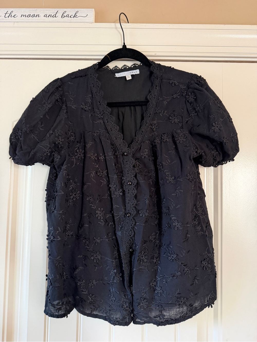 Baltic Born Black Embroidered Puff-Sleeve Blouse